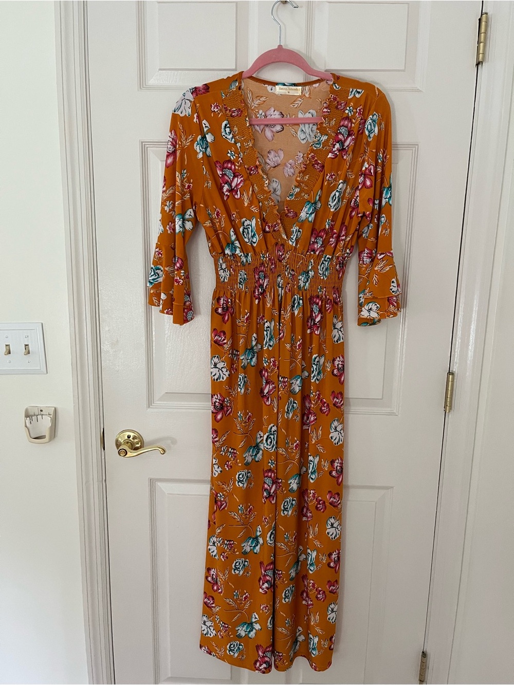 Floral Mustard V-Neck Maxi Dress with Smocked Waist